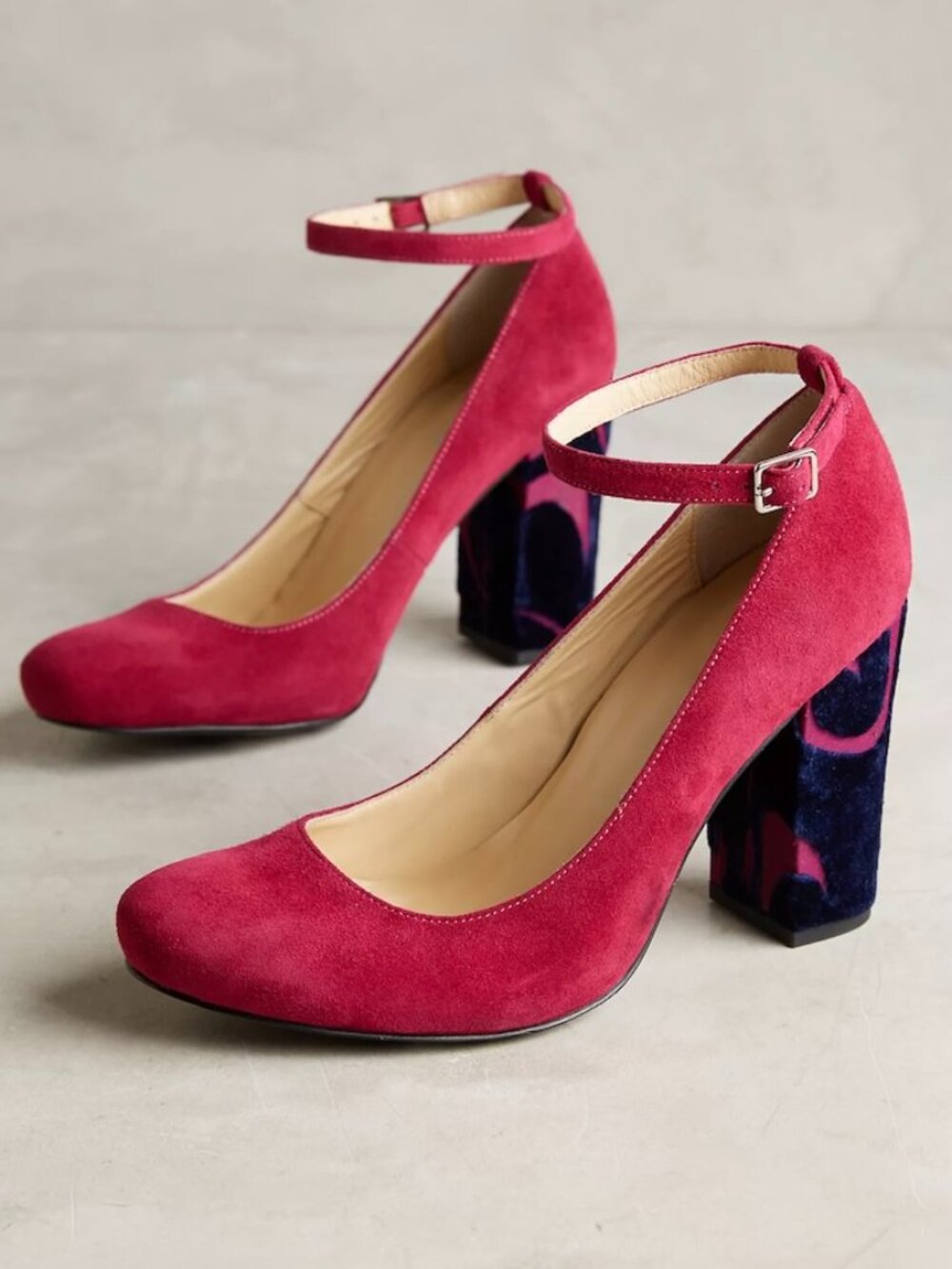 Farylrobbin Anthropologie Tessa Pink Navy Velvet Round Toe Heels Size 7.5